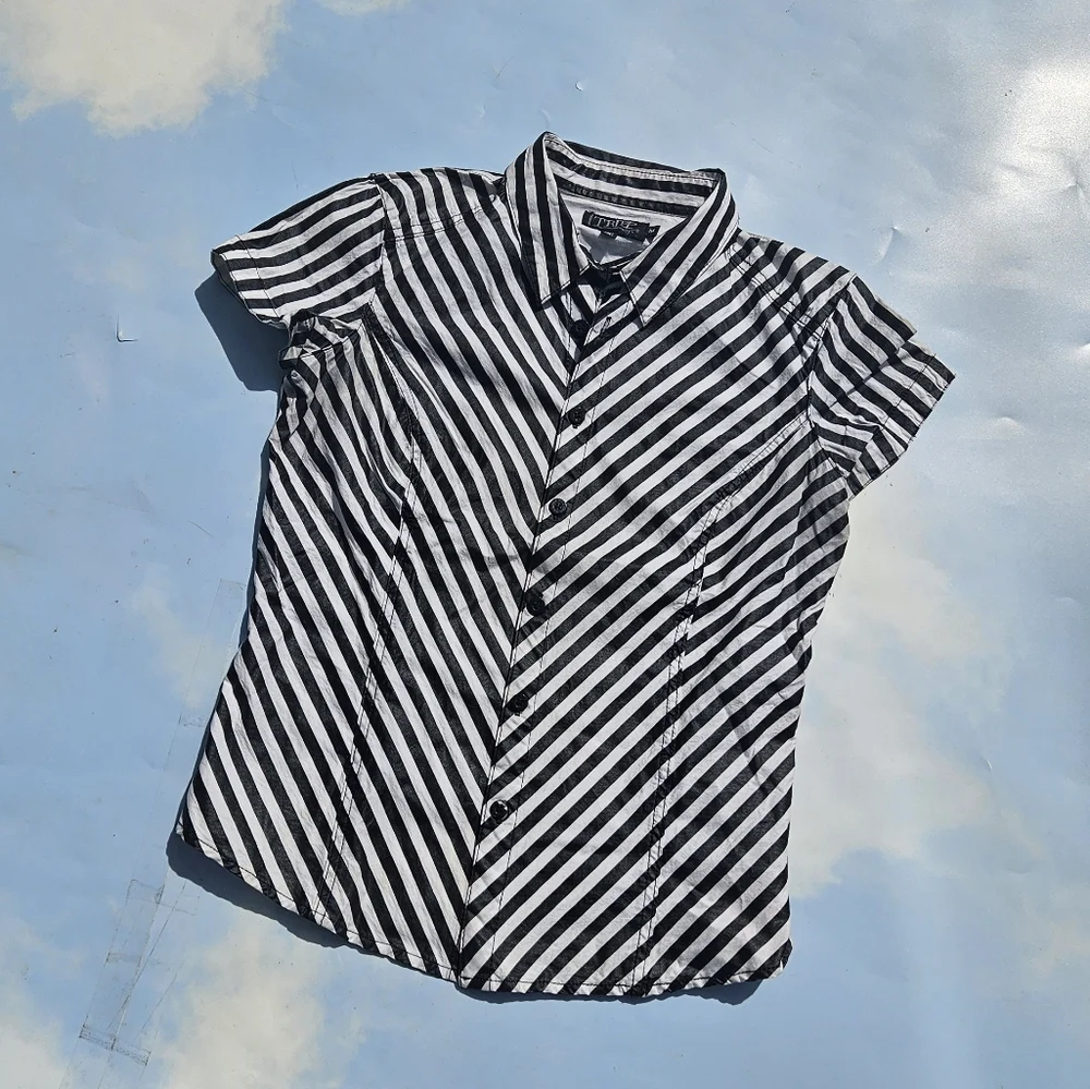 Tripp NYC Black & White Top Y2k Early 2000s Short Sleeve Button Down Goth Tripp - Picture 2 of 12